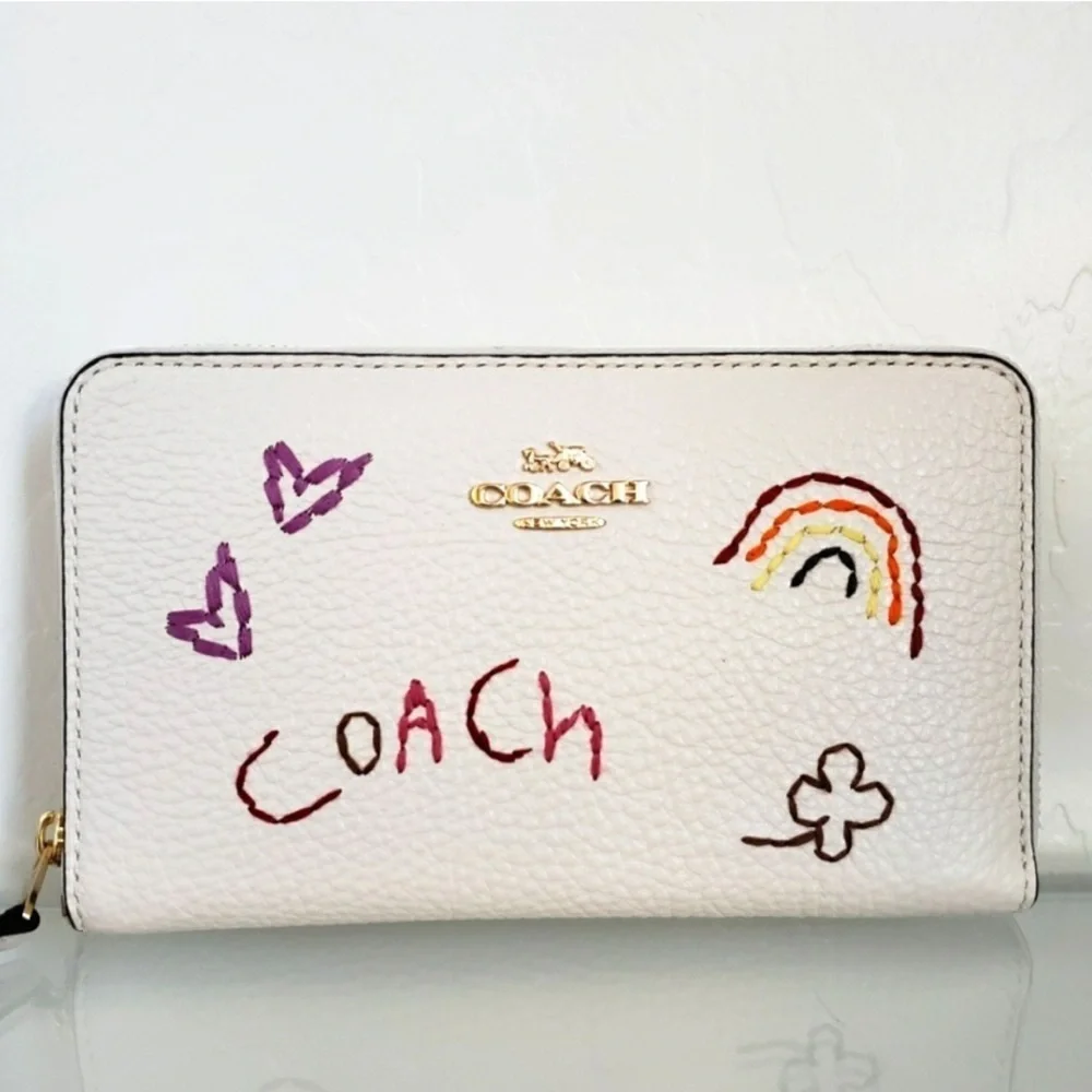COACH Medium ID Zip Wallet With Diary Embroidery in Gold/ Chalk